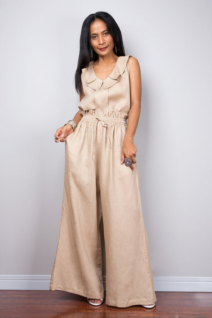Women's Cotton Linen Long Palazzo Pants High Waist Drawstring Flowy Wide Leg  Casual Trousers with Pockets Apricot S at Amazon Women's Clothing store